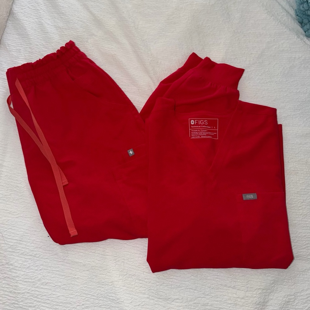 FIGS Women's Red Scrub Set - Top and Jogger Pants - Pop Red